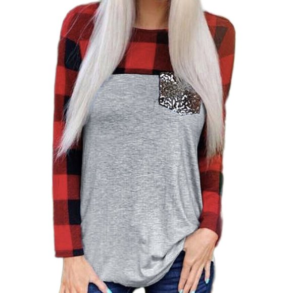 Red & Black Buffalo Check Plaid Gray Shirt Sequins - Picture 1 of 4
